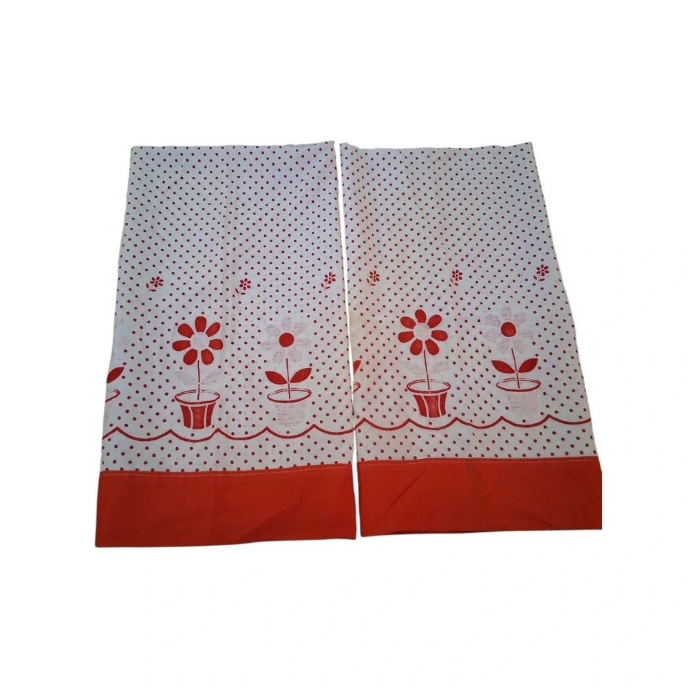 Vtg Cafe Curtains & Kitchen Valance Set Red White Polka Dot Flower Decor READ